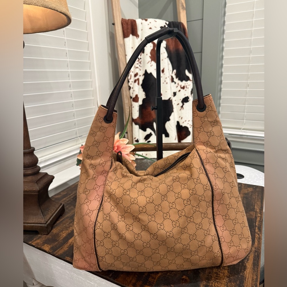 Gucci Tan Monogram Canvas Hobo Bag w/chocolate leather accents